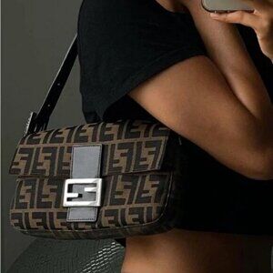 Authentic FENDI Zucca Mamma Baguette Canvas Leather Shoulder Bag Brown Tan